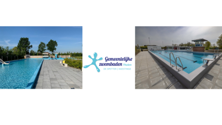 foto links zwembad de spetter, logo gemeentelijke zwembaden en foto rechts van zwembad Haestinge