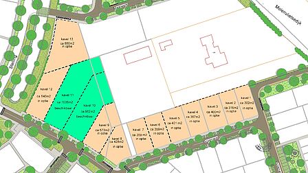 Plattegrond 13 bouwkavels Molenvliet Tholen zone 1 waarvan 11 kavels in optie en kavels 10 en 11 nog beschikbaar