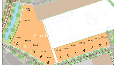 Plattegrond 13 bouwkavels zone 1 Molenvliet Tholen: 8 kavels Bovenwiel en 5 kavels Steenzolder.