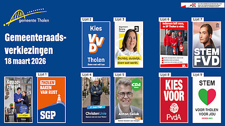 Verkiezingsbord gemeenteraadsverkiezingen Tholen 18 maart 2026 met daarop vermeld de 9 lijsten